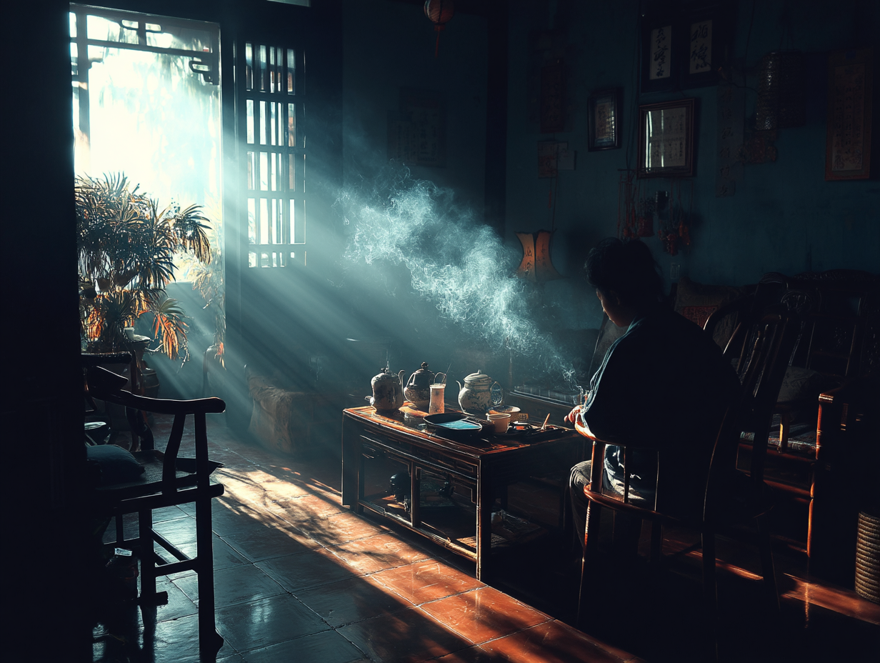 Seorang pemain slot duduk santai di ruangan sederhana dengan jendela terbuka dan suasana alami, menciptakan suasana yang menunjang fokus dan hoki.